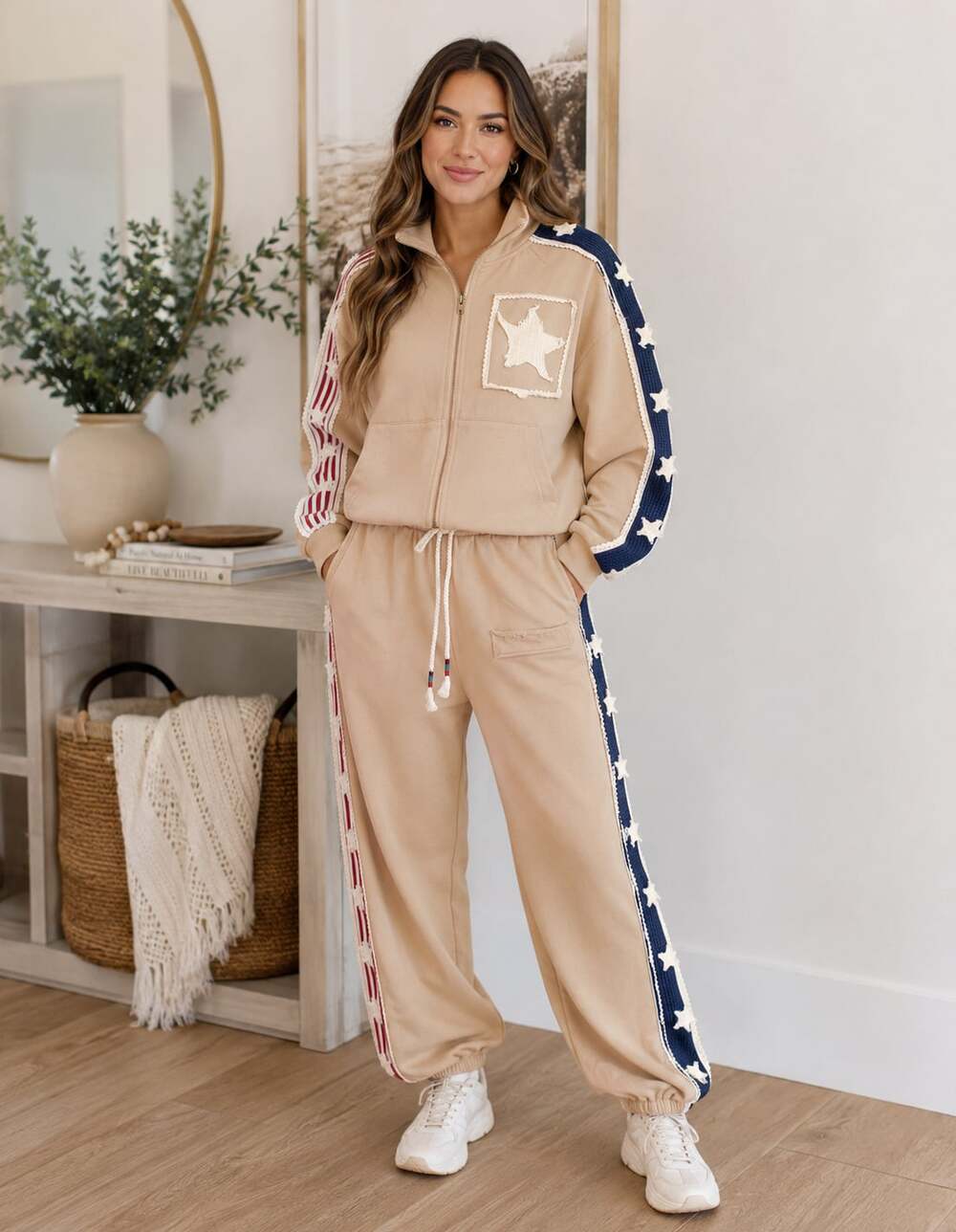 POL Long Sleeve Zip-Up Sweatshirt and Jogger Set with Star Patch and Striped Tri